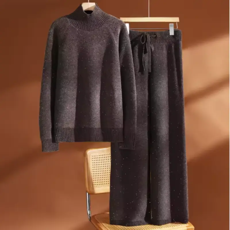 ADDONEE Autumn Winter Thick Women's 100% Wool Sweater Pants Set Sequins Turtleneck Pullover Wide Leg Pants Casual Knitwear